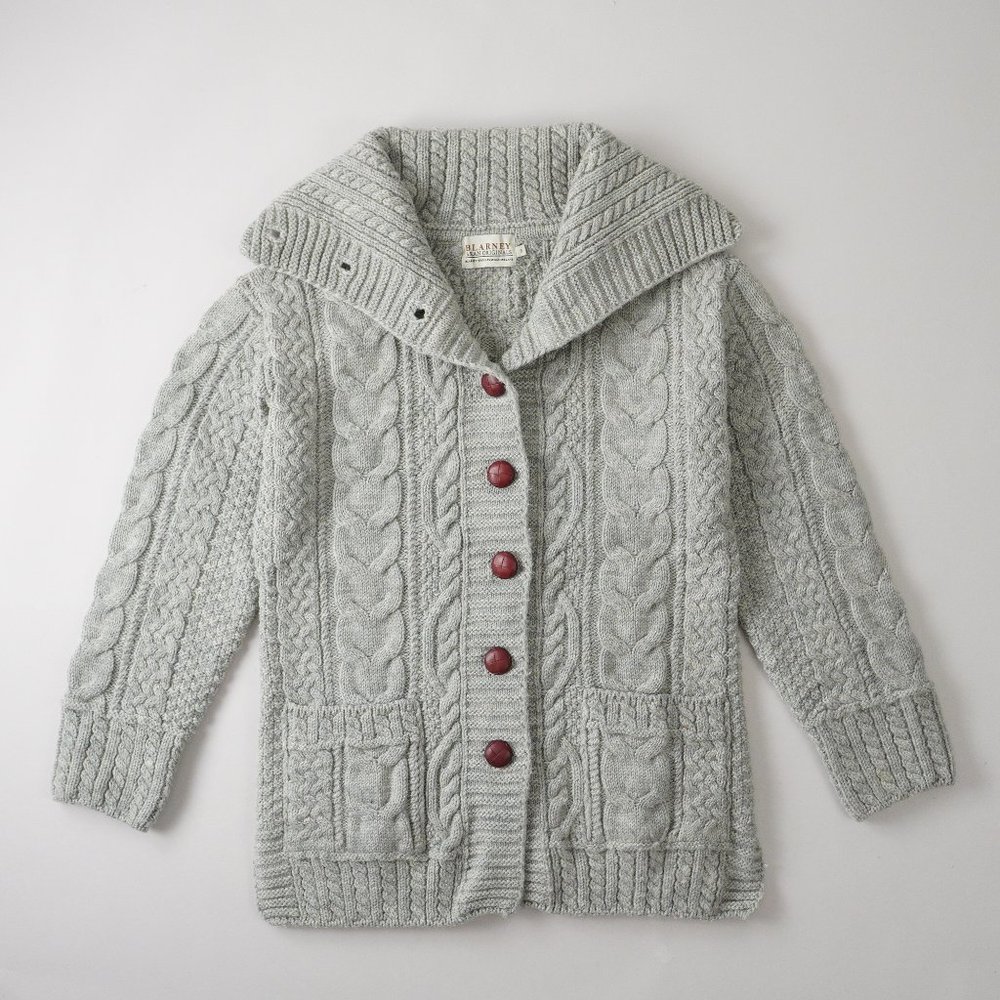Blarney Aran Originals Wool Cableknit Cardigan Sweater Ireland Gray Women Size S